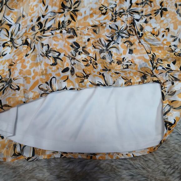 Adrienne Vittadini Floral Blouse L Yellow White Black V-Neck Sheer Long Sleeve - Picture 4 of 8